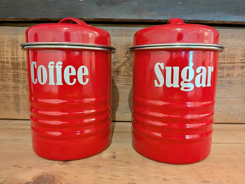 Red Coffee and Sugar Containers