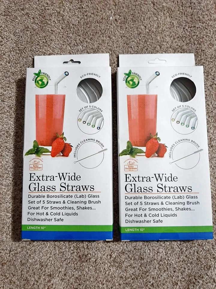 NEW! 6-Piece Extra Wide Clear Glass Straw and Brush Set