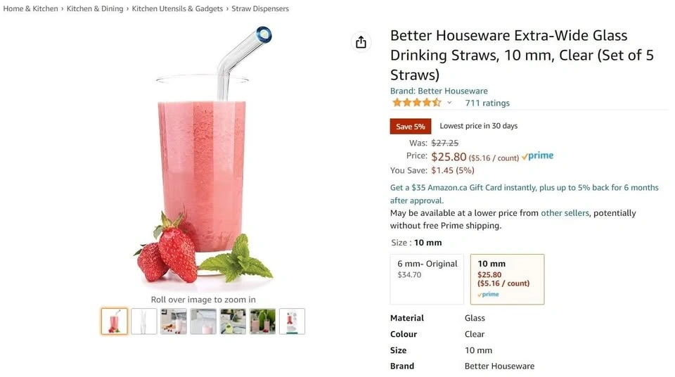 NEW! 6-Piece Extra Wide Clear Glass Straw and Brush Set - photo 2
