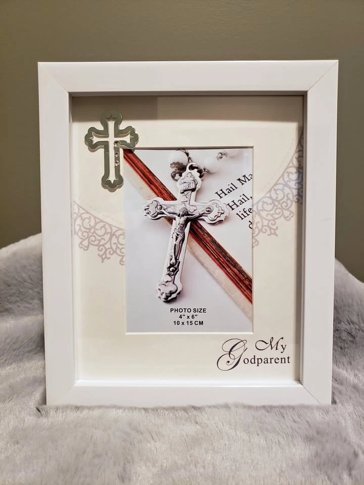 NEW IN BOX Godparent White Photo Frame with Cross