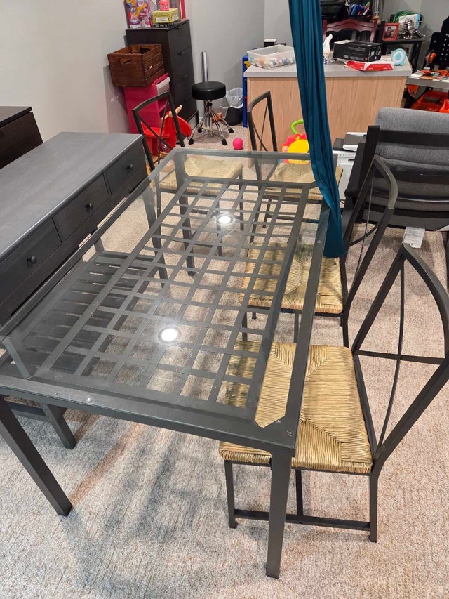 Glass Top Dining Table with 4 Chairs & Rocking Chair
