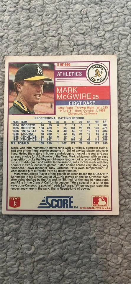 Mark McGwire #5 1988 Score Baseball Card - photo 2