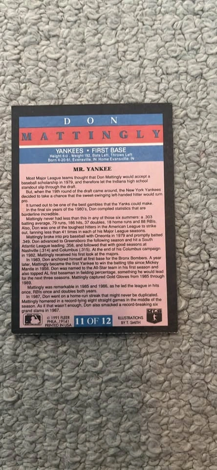 Don Mattingly #11 1991 Fleer Pro Vision Baseball Card - photo 2