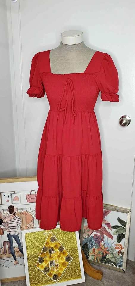 Cute Puff Sleeve Smocked Tiered Midi Dress
