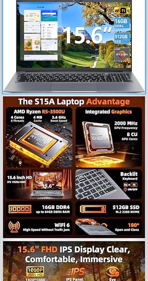 S15A Laptop 15.6" FHD AMD Ryzen 5 3500U 16GB RAM 512GB SSD