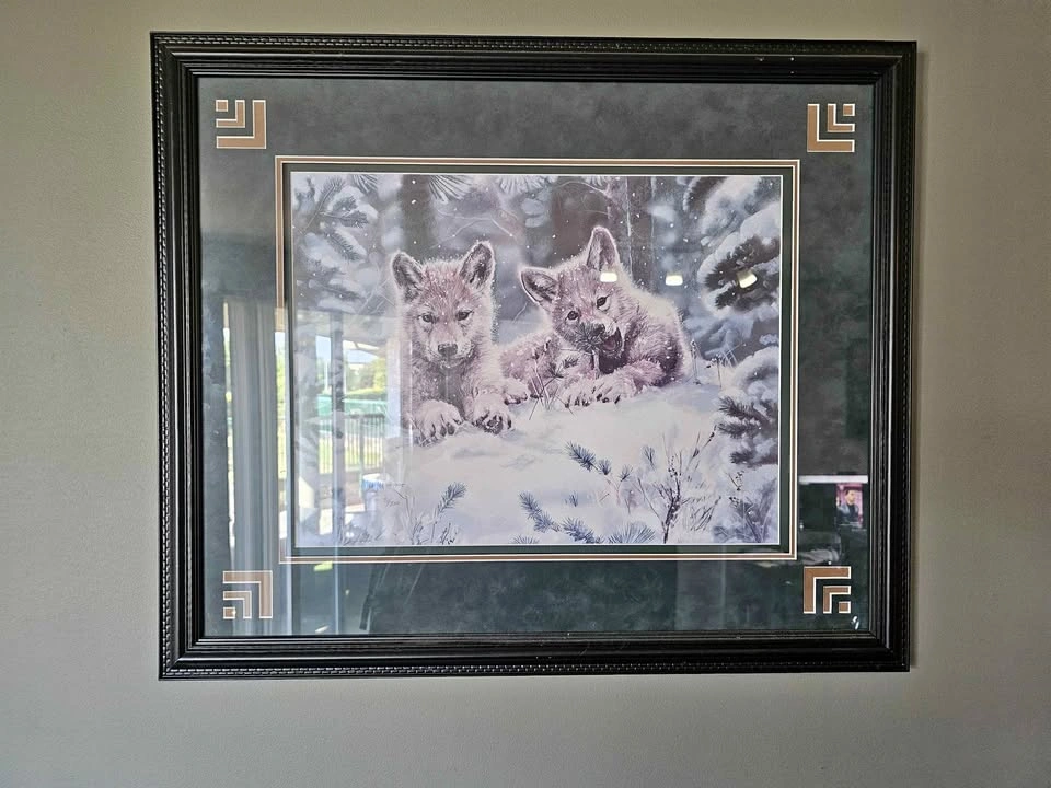Framed Wolf Pups Snow Scene Print