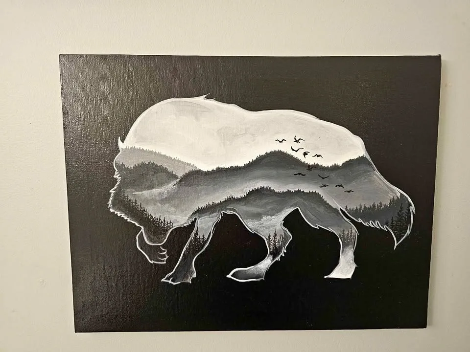 Wolf Silhouette Mountain Landscape Canvas Painting