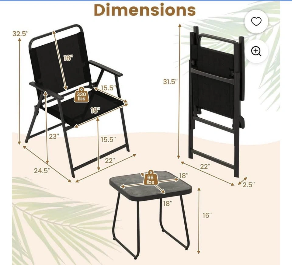 Costway 3pcs Patio Folding Conversation Chairs & Table - photo 3