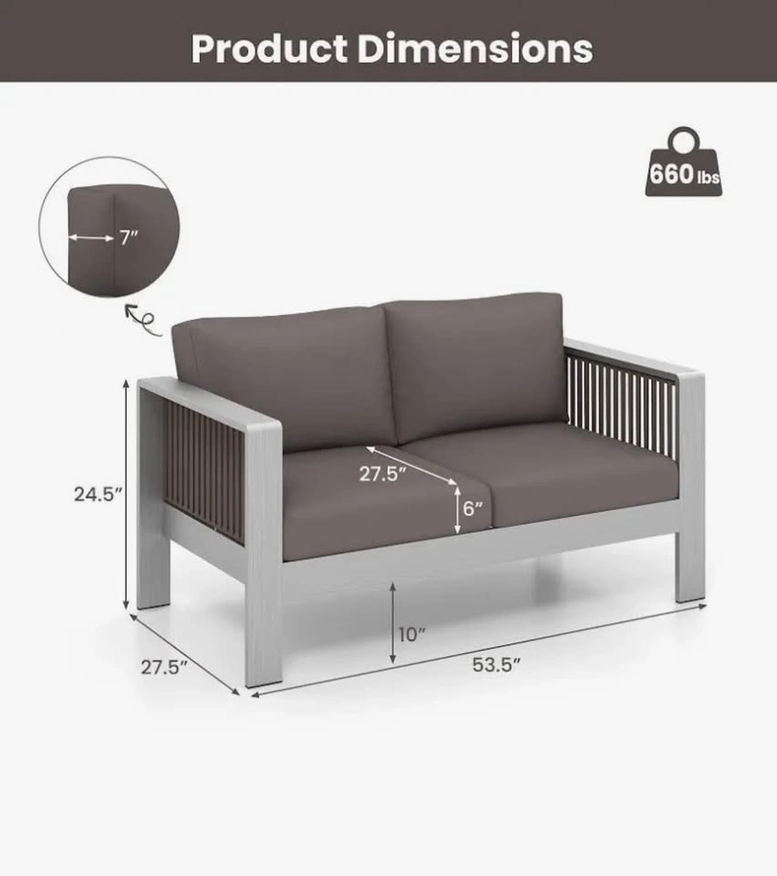 Metal Outdoor Patio Aluminum Loveseat with Gray Cushions - photo 3