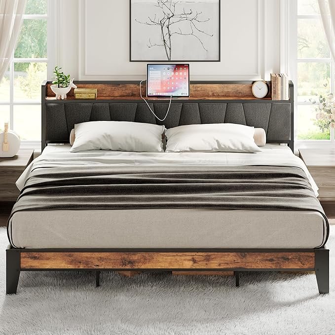 King Bed Frame w/Storage Headboard+Charging+Free Mattress - photo 3