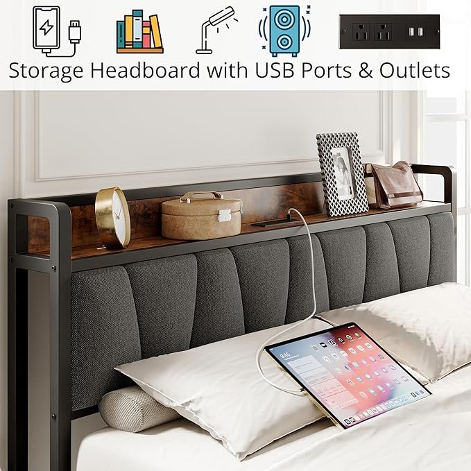 King Bed Frame w/Storage Headboard+Charging+Free Mattress - photo 4