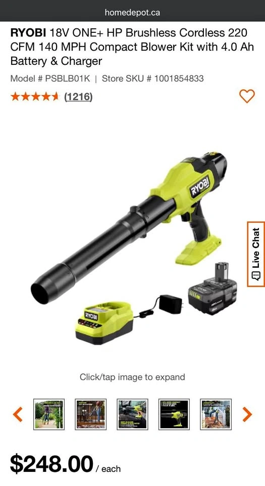 RYOBI 18V ONE+ HP Brushless Compact Blower Kit