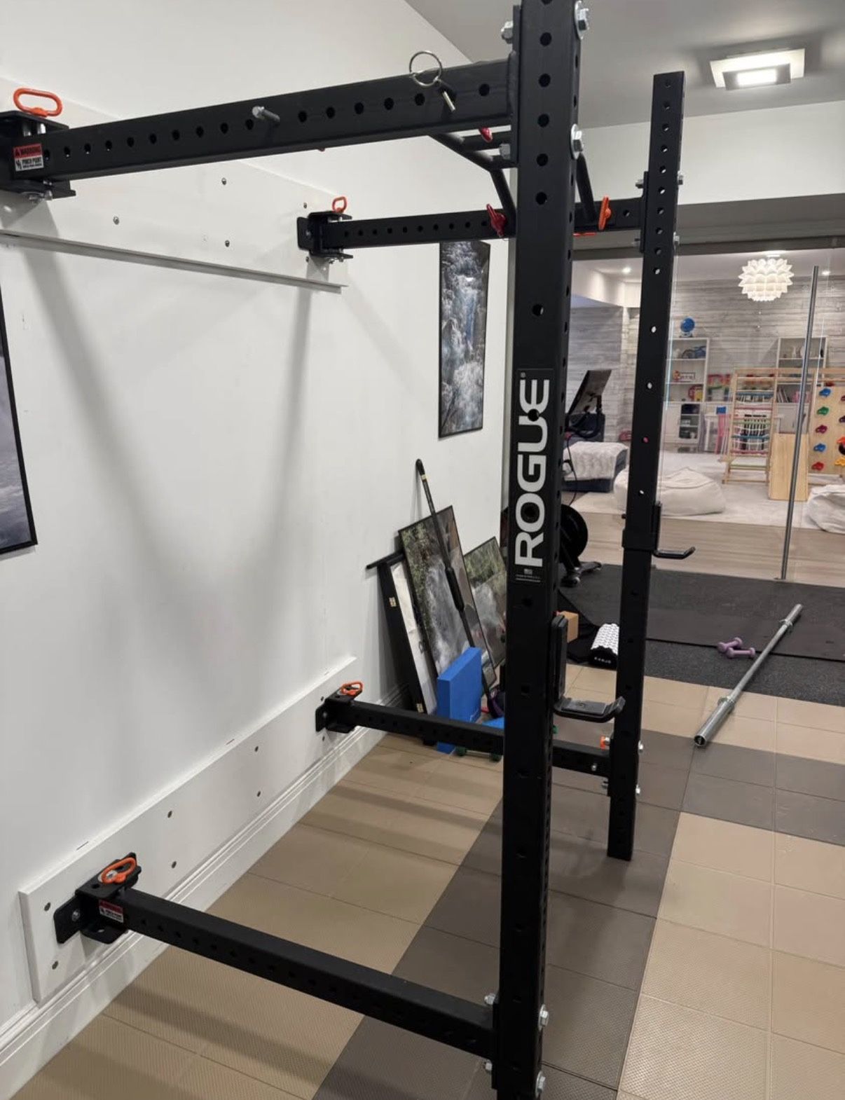 Rogue Fitness Fold Back Wall Mount Squat Rack + Attachments