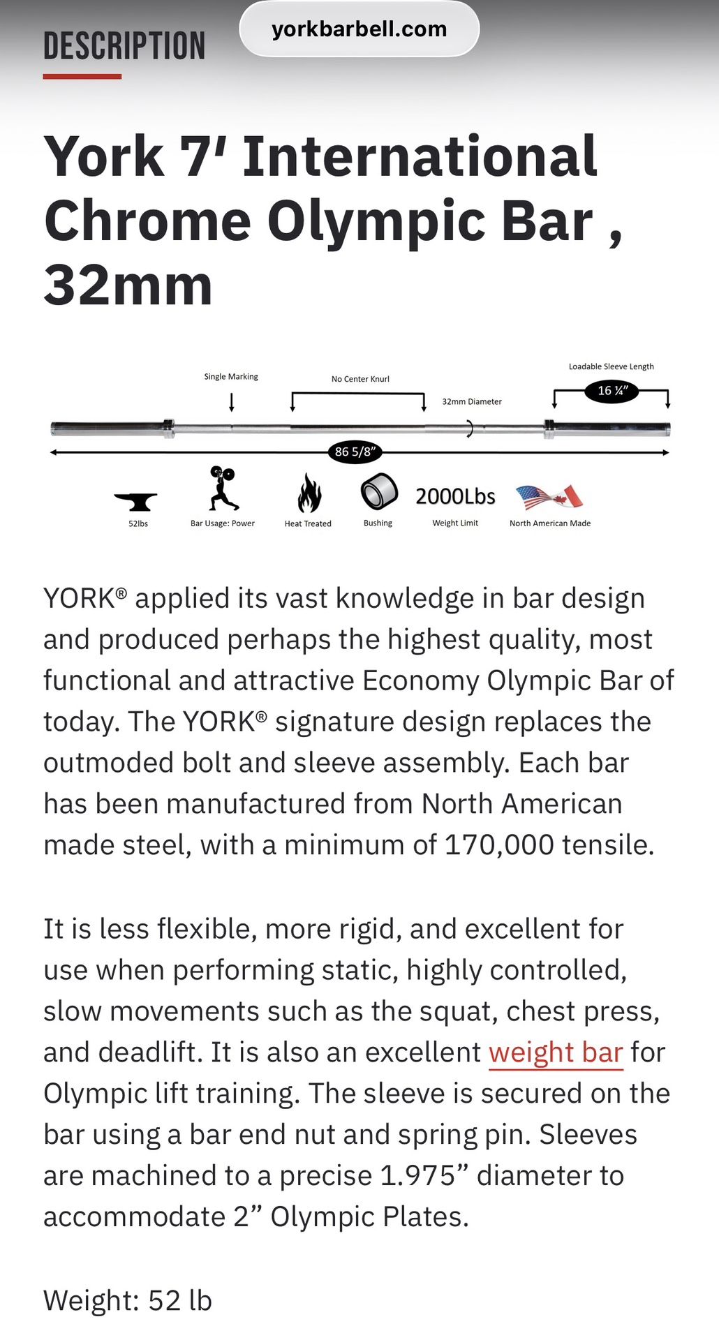 York Barbell 32MM Bench Press & Squat Olympic Barbell - photo 3