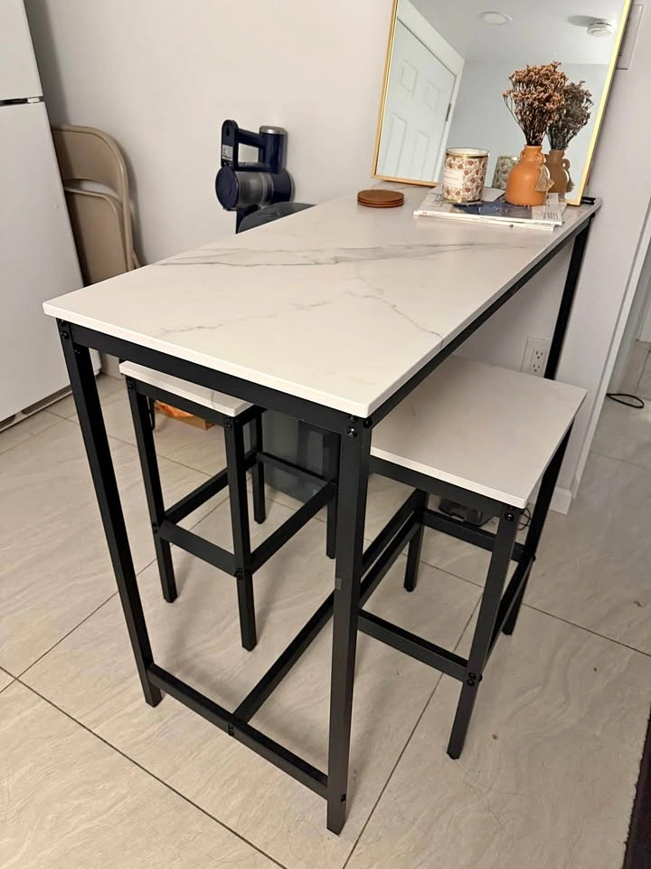 3 pcs counter height table set white marble design surface