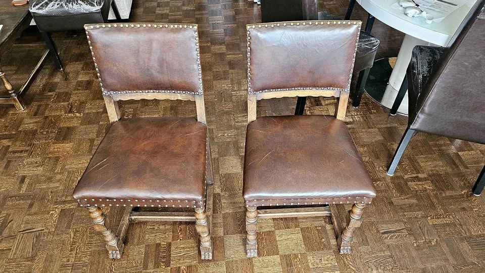 2 x Solid wood and leather matching side chairs