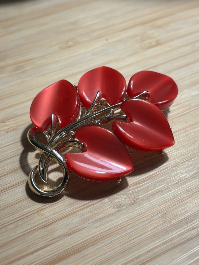 Vintage CORO Brand Red Leaf Brooch with Gold Tone Trim