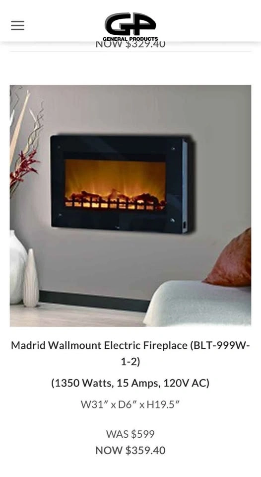 General Products Madrid Wallmount Electric Fireplace (BLT-999W-1
