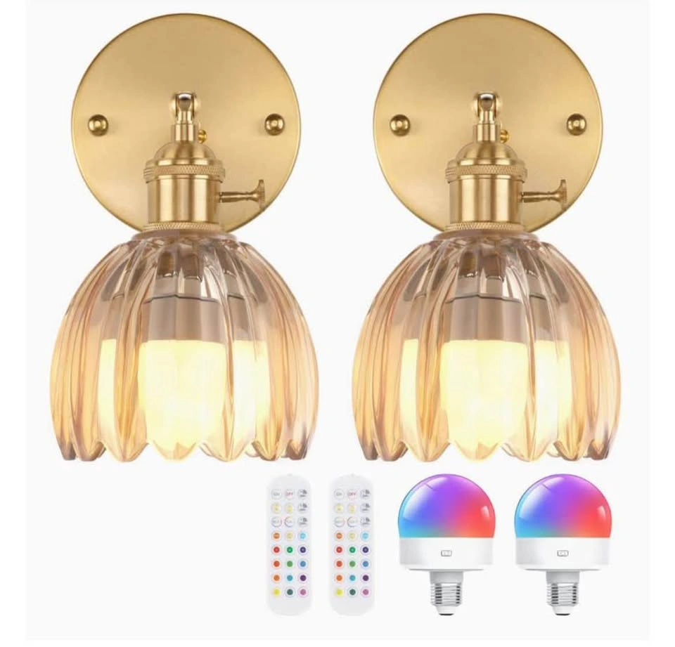 2x Vintage Battery Operated Wall Sconces with Amber Glass - photo 2