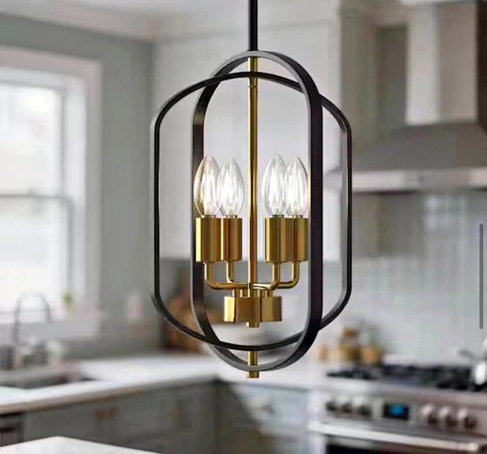 Modern Black and Gold 4-Light Lantern Pendant Chandelier