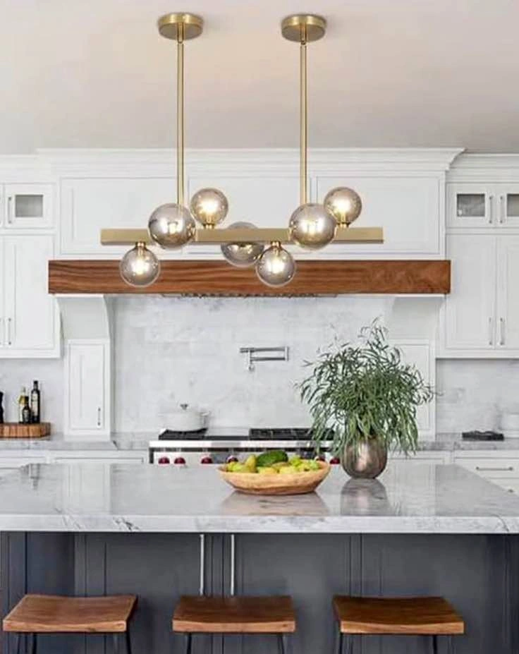Gold Linear Pendant Light with Smoke Gray Globes. 28”. Brand new