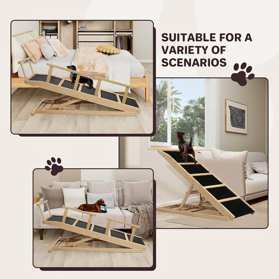 New Adjustable Wooden Dog Ramp – For Bed, Sofa, Car – 150 lb