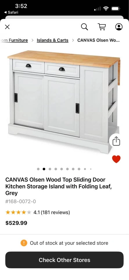 CANVAS Olsen Wood Top Kitchen Island with Folding Leaf, Grey