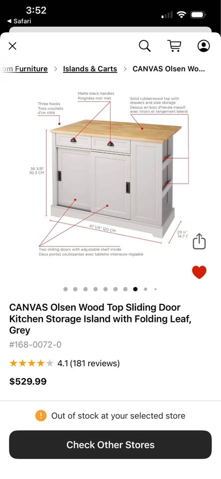 CANVAS Olsen Wood Top Kitchen Island with Folding Leaf, Grey - photo 2