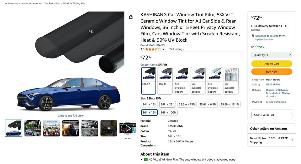 KASHIBANG Car Window Tint Film, 5% VLT Ceramic Window Tint