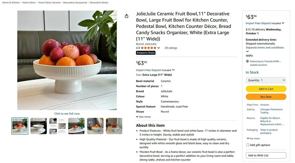 Ceramic Fruit Bowl,11" Decorative Bowl, Large Fruit Bowl thumbnail