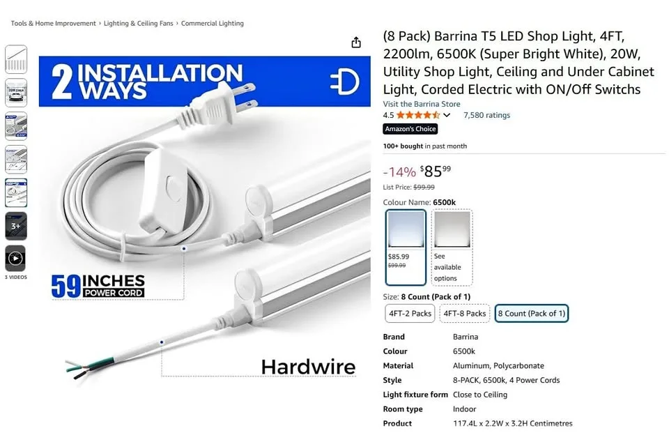(8 Pack) Barrina T5 LED Shop Light, 4FT, 2200lm, 6500K thumbnail