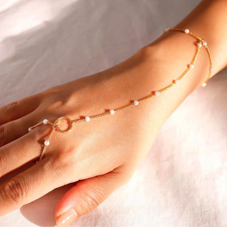 Gold-Tone Ring Bracelet Hand Chain - Sparkling Summer Jewelry