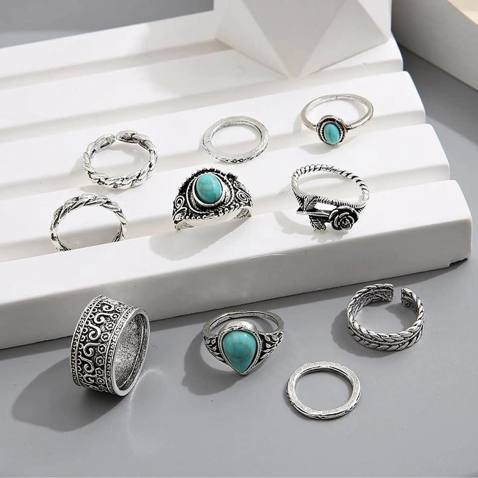 Boho Turquoise Silver Ring Set – Vintage Adjustable 10-Piece