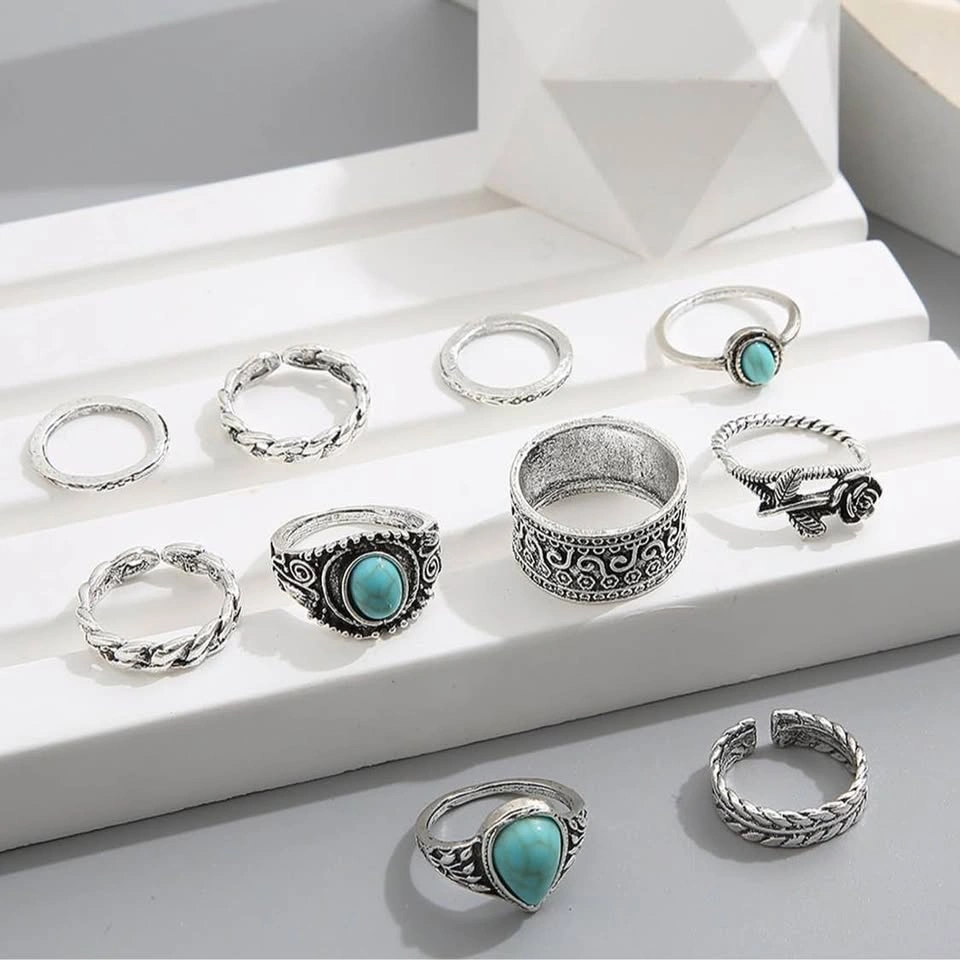 Boho Turquoise Silver Ring Set – Vintage Adjustable 10-Piece - photo 2