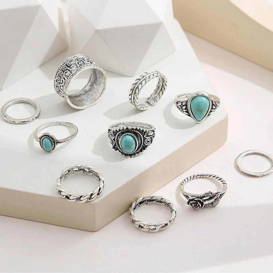 Boho Turquoise Silver Ring Set – Vintage Adjustable 10-Piece - photo 3
