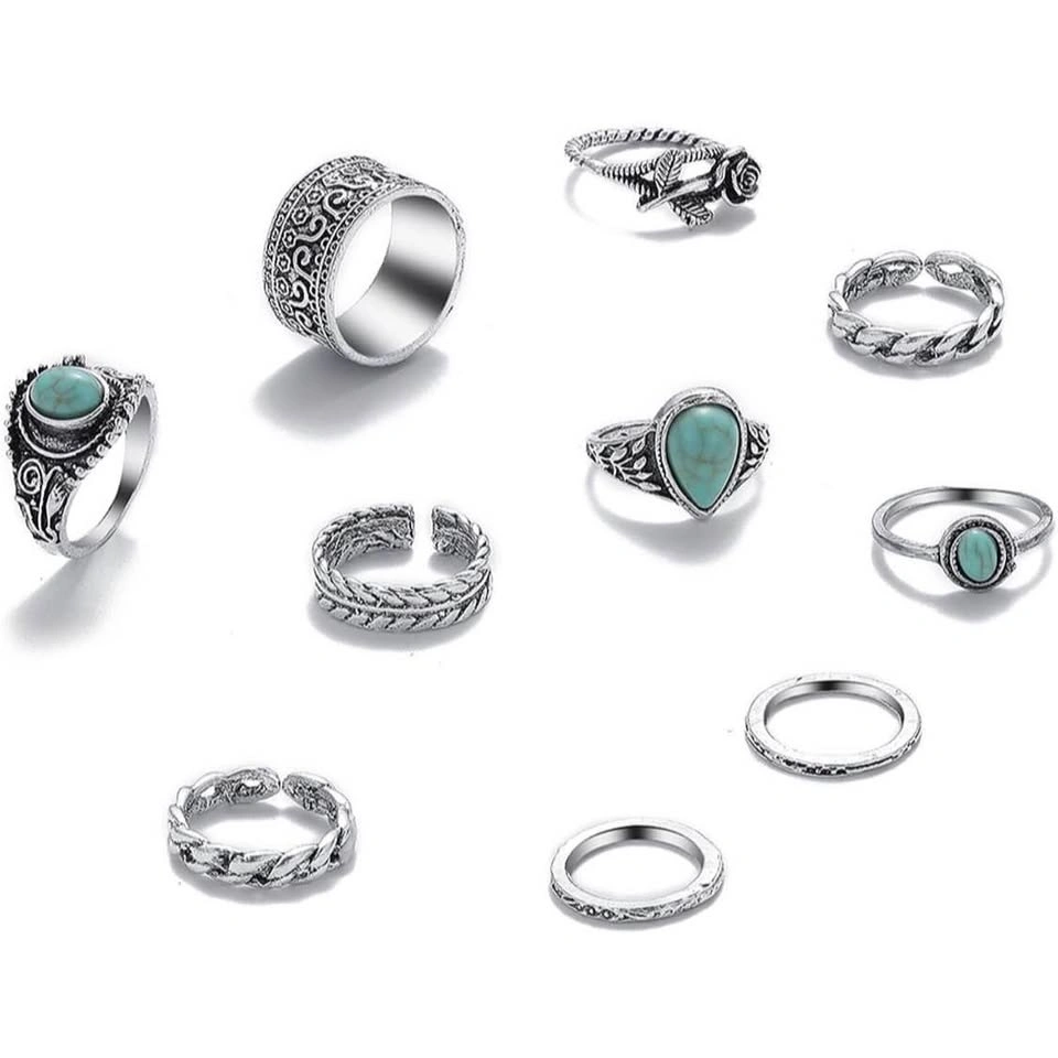 Boho Turquoise Silver Ring Set – Vintage Adjustable 10-Piece - photo 4
