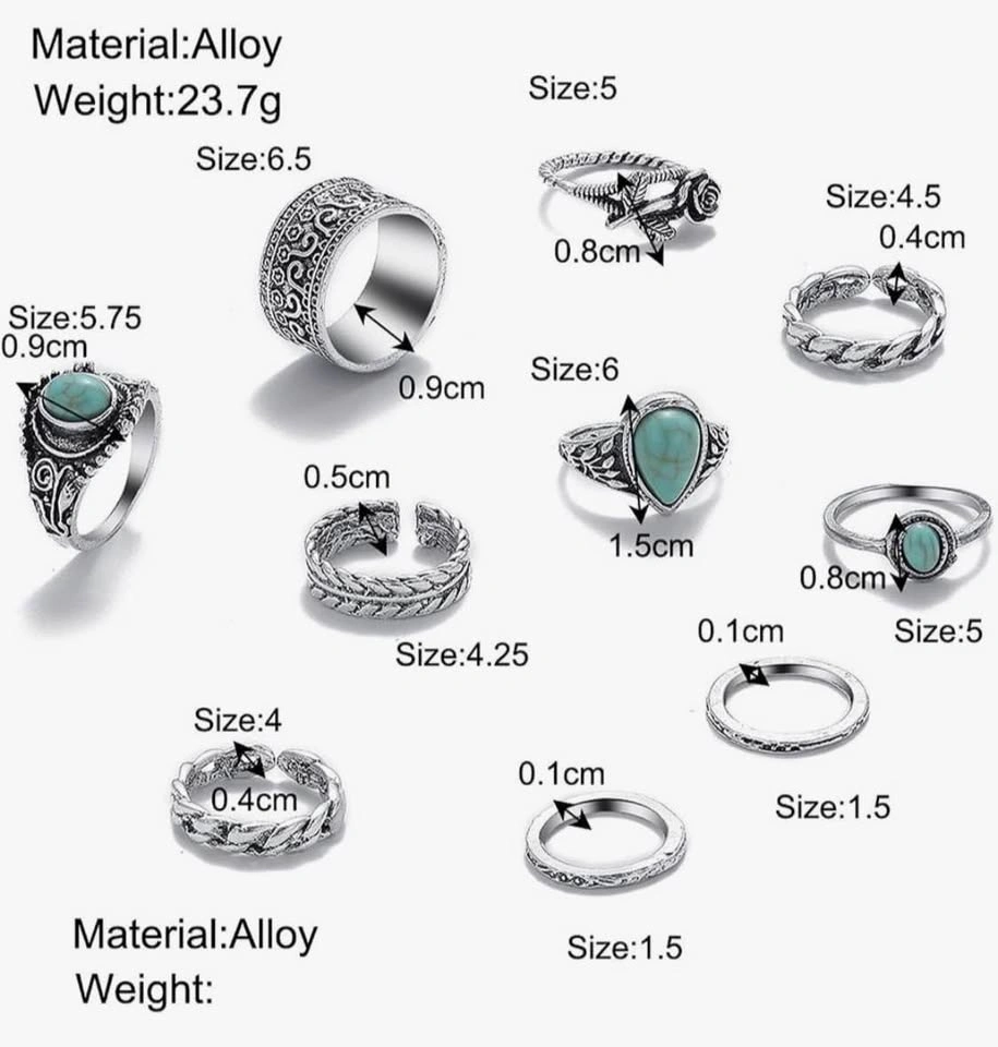 Boho Turquoise Silver Ring Set – Vintage Adjustable 10-Piece - photo 5