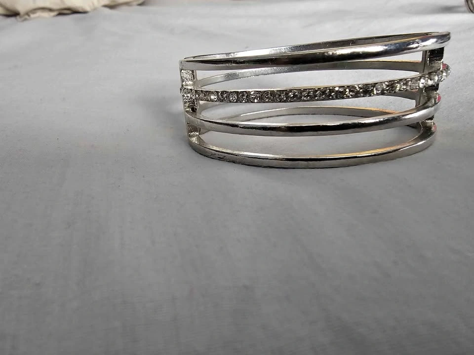 Silver-Toned Multi-Band Rhinestone Cuff Bracelet