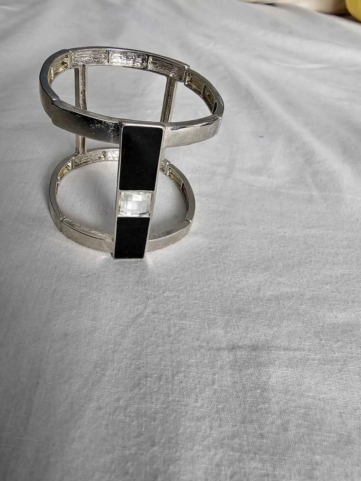 Silver-Tone Wide Cuff Bracelet with Black and Clear Accents