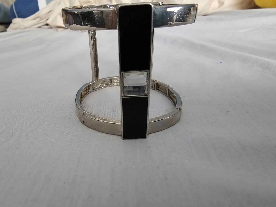 Silver-Tone Wide Cuff Bracelet with Black and Clear Accents - photo 2