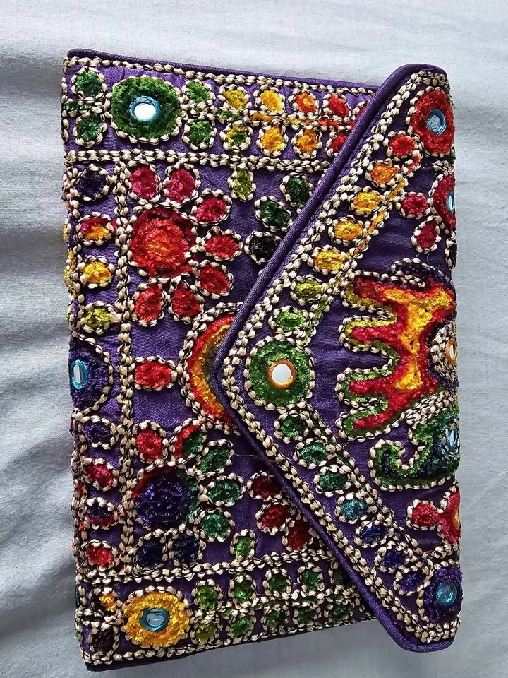 Purple Embroidered Mirror Work Clutch Bag