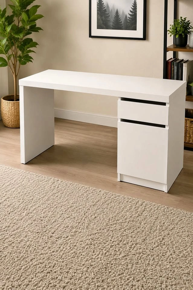 White Home Office Computer Desk with 2-Drawer Filing Cabinet