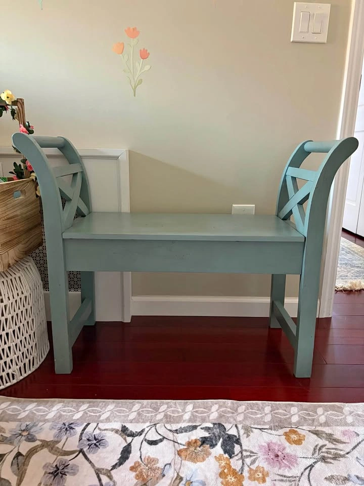 Blue Wooden Storage Bench with X-Frame Sides