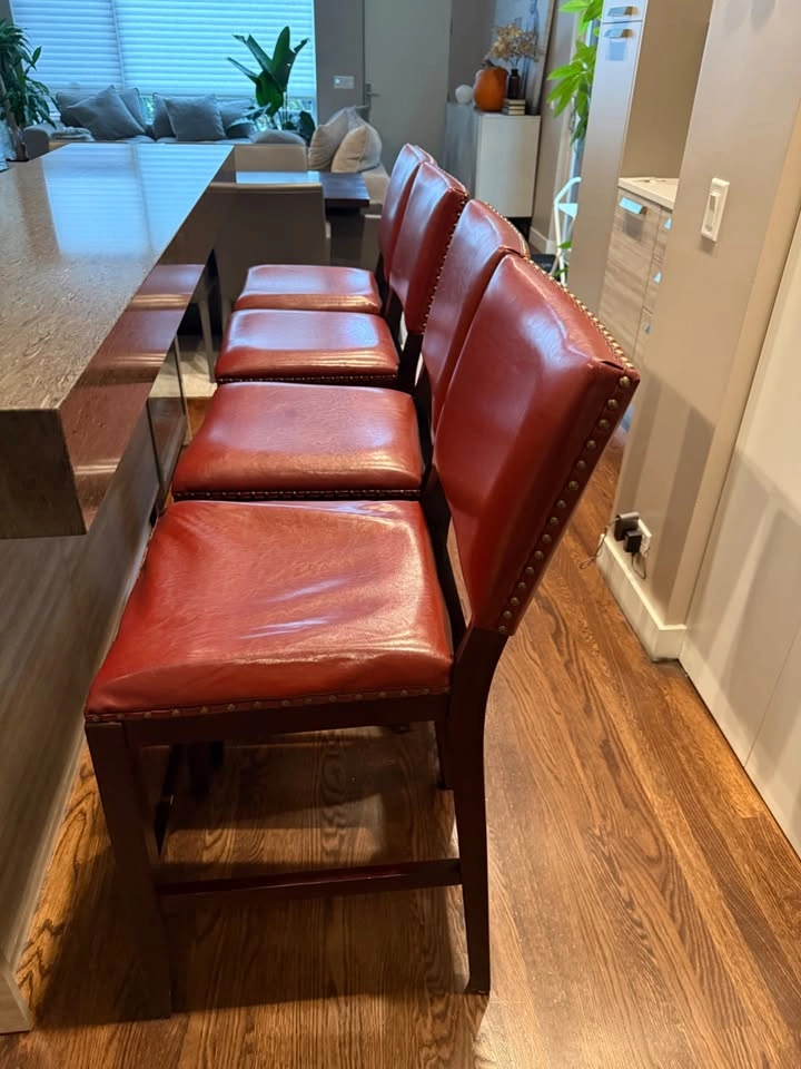 Set of 4 Leather Nailhead Barstools — Burgundy & Espresso Wood - photo 2