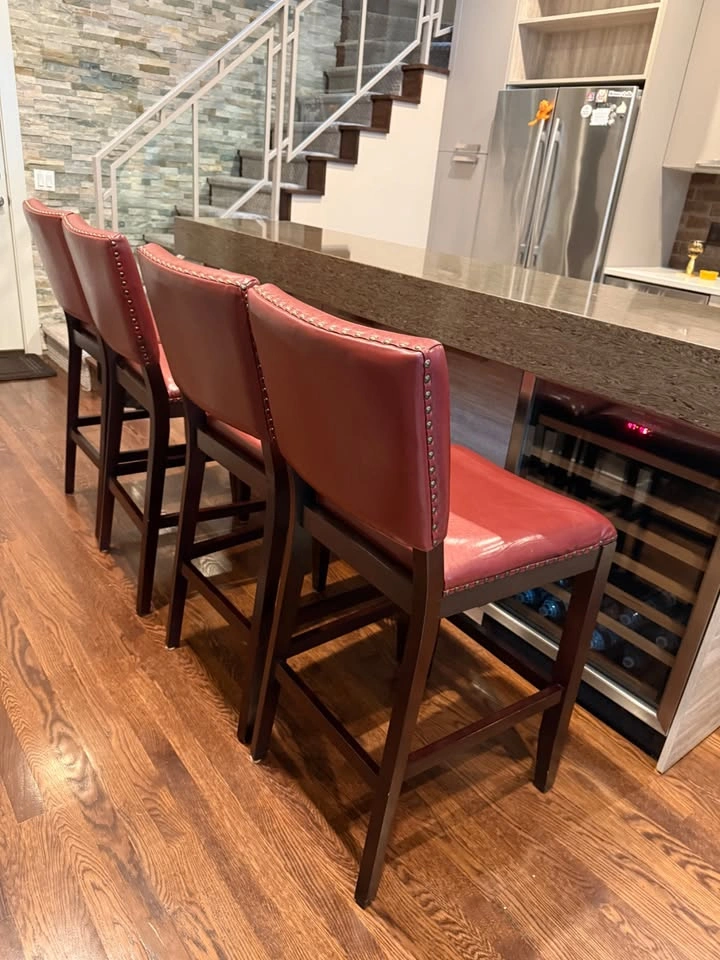 Set of 4 Leather Nailhead Barstools — Burgundy & Espresso Wood - photo 3