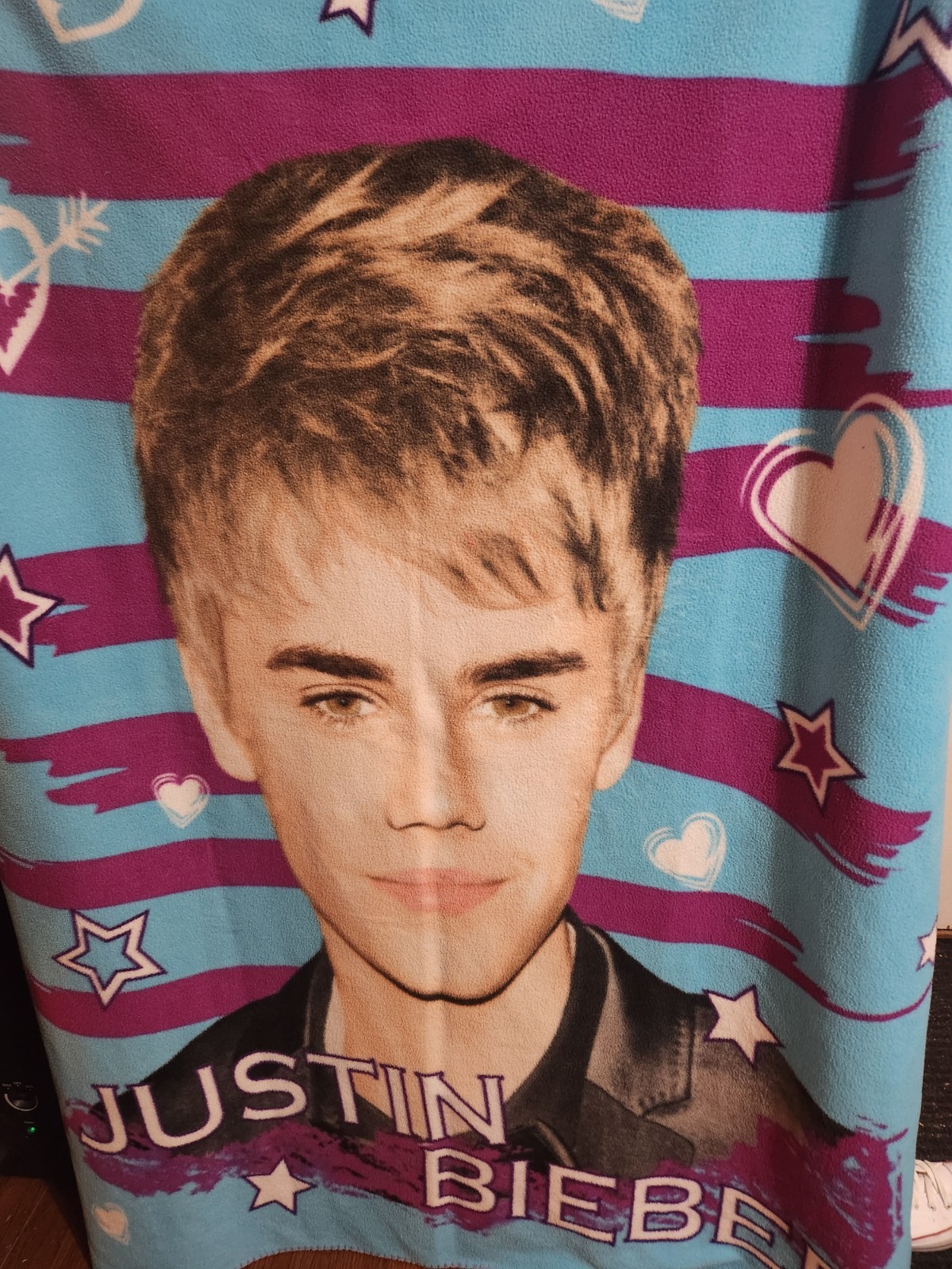 Justin Bieber Fleece Blanket Throw Blue Pink Hearts Stars