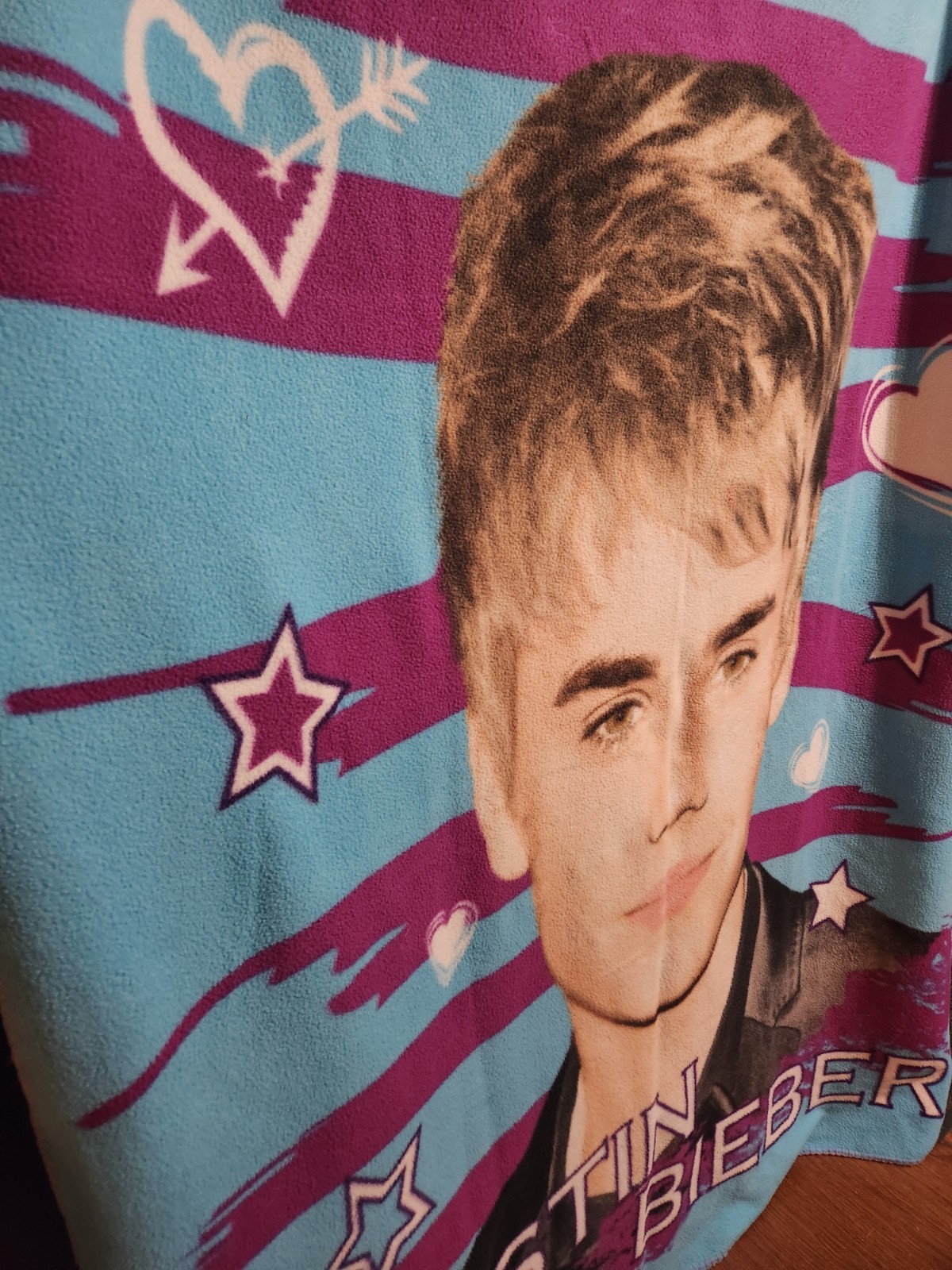 Justin Bieber Fleece Blanket Throw Blue Pink Hearts Stars - photo 2