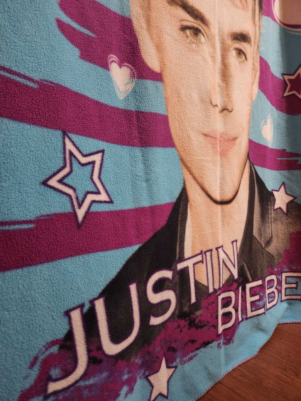 Justin Bieber Fleece Blanket Throw Blue Pink Hearts Stars - photo 3