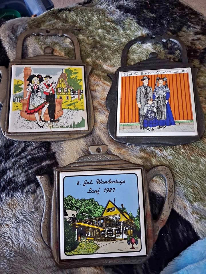 Vintage Cast Iron and Tile Trivets from Volksmarches in Germany