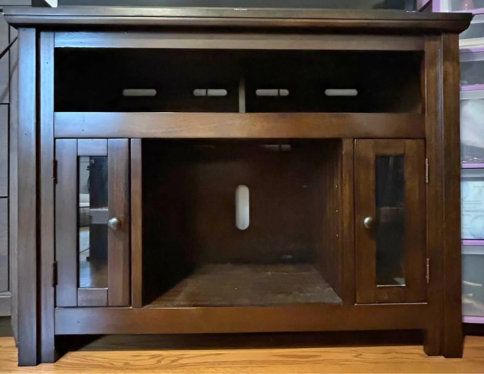 Dark Wood TV Stand with Glass Cabinets